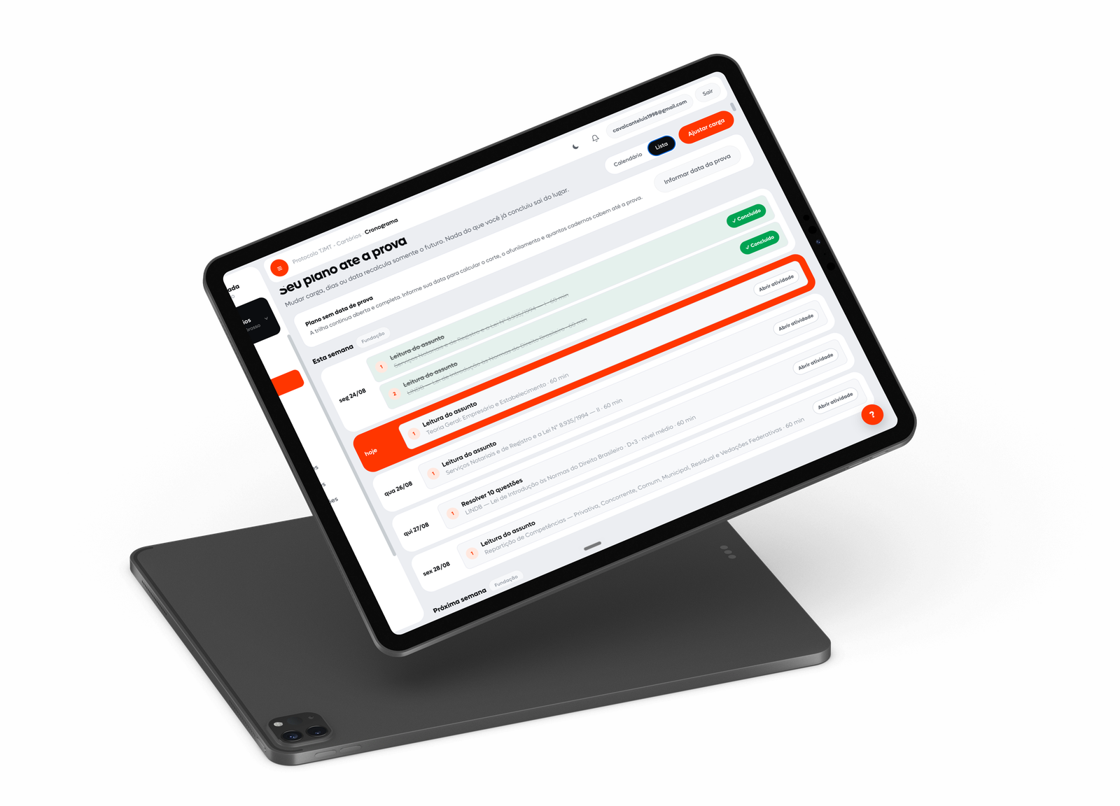 Plano de estudo até a prova exibido em um tablet